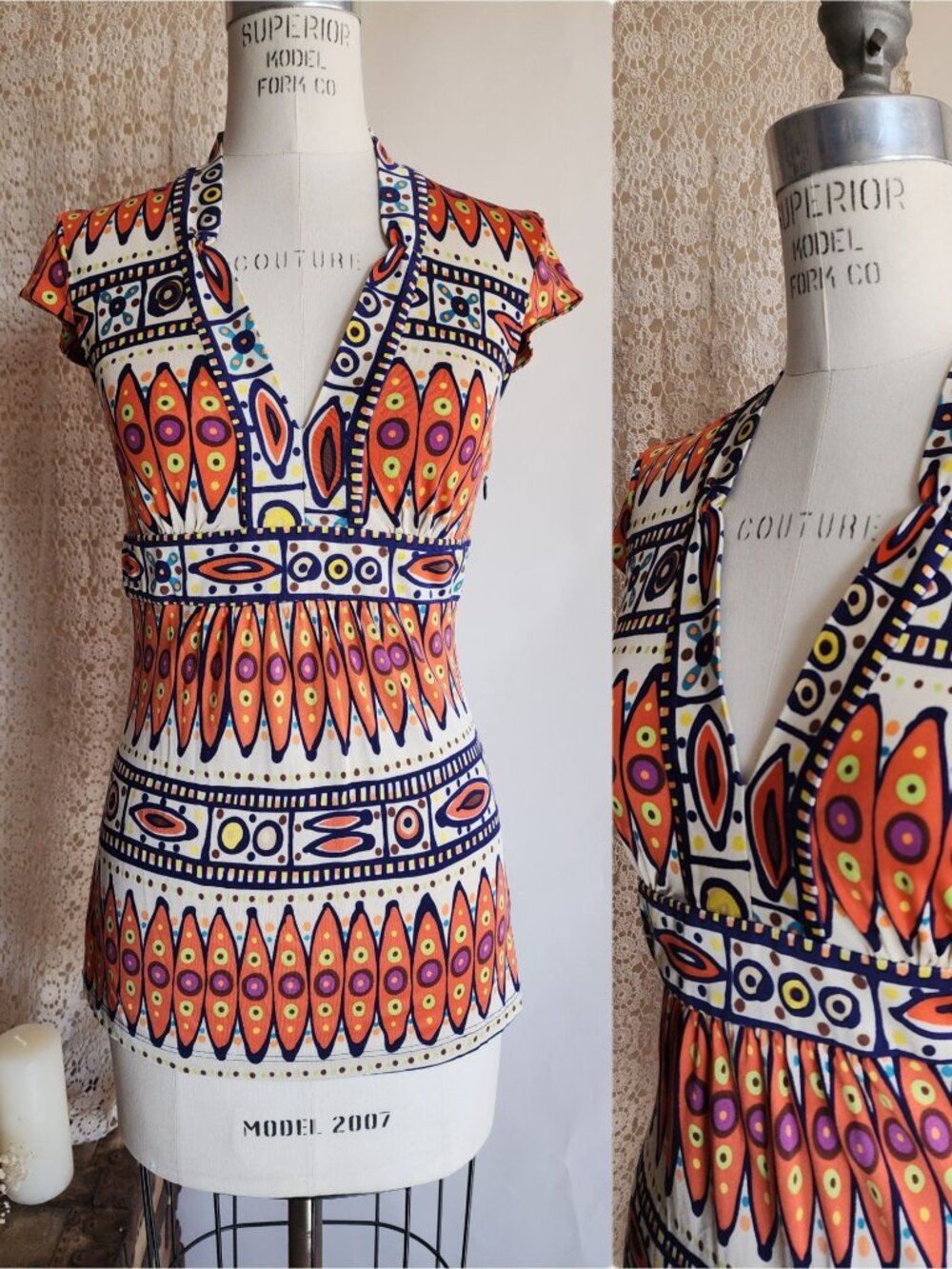 Trina Turk Womens Cricket Blouse, Silk,  Size 0, Tribal Pattern in Orange and Na